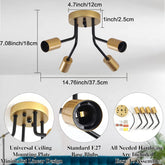 Ceiling light fixture with dimensions and assembly components on a white background